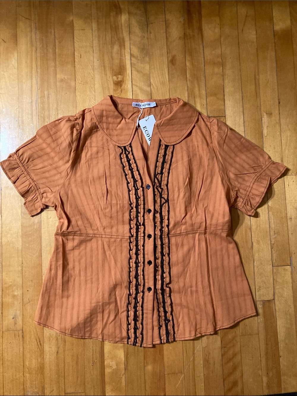 Rust Ruffle-Front Short Sleeve Blouse